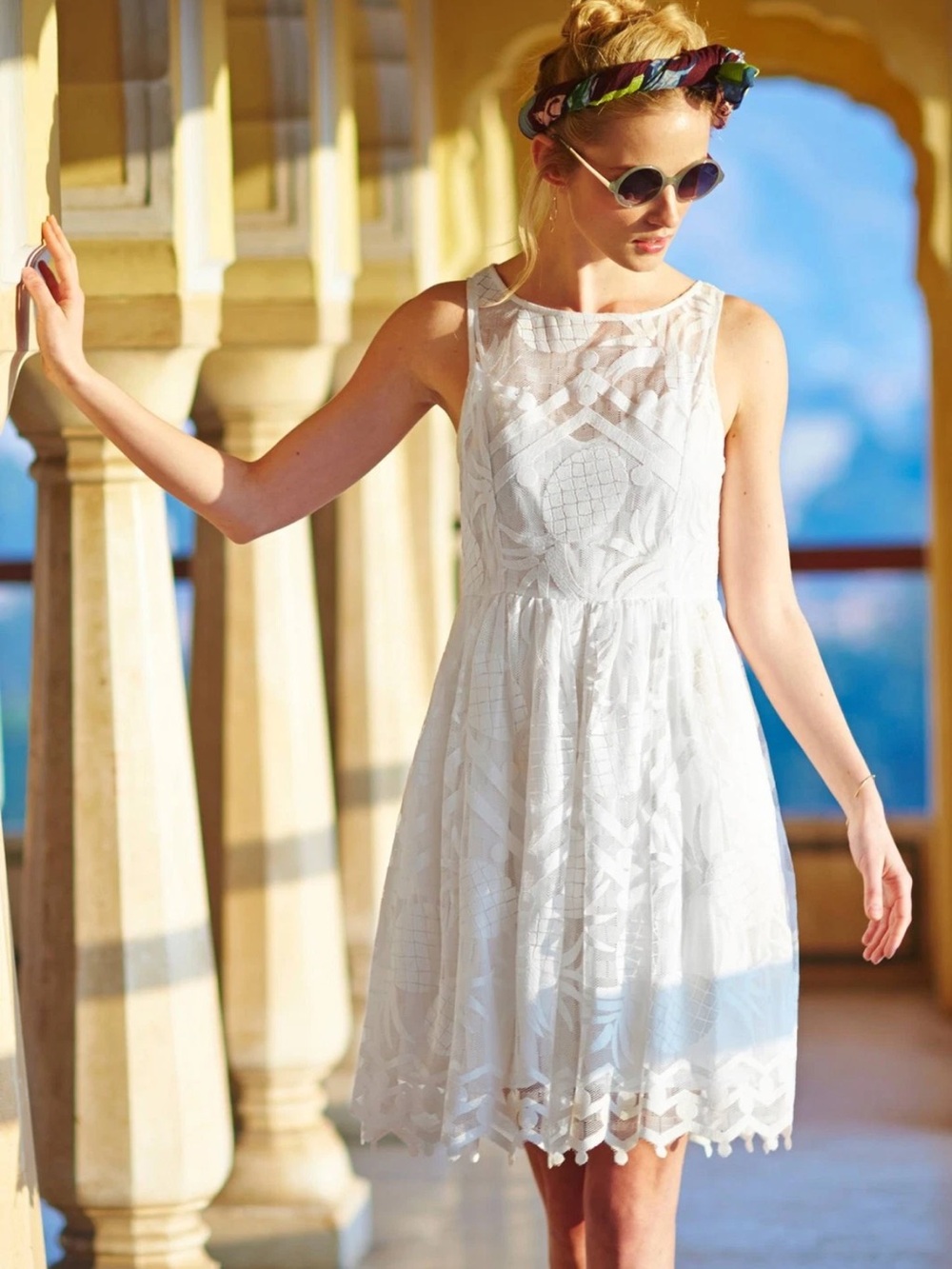 Anthropologie Maeve Ivory Pina Pineapple Lace Sleeveless Fit & Flare Dress Sz 6